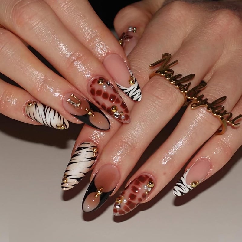 SEENEEY Medium Almond Press on Nails Brown Leopard Stick on Nail for Women 24pcs - Image 1